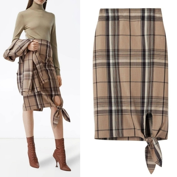 New Burberry Knot Detail Nova Check Driftwood Pattern Pencil Skirt NWT 0 US/2 UK - Picture 6 of 15